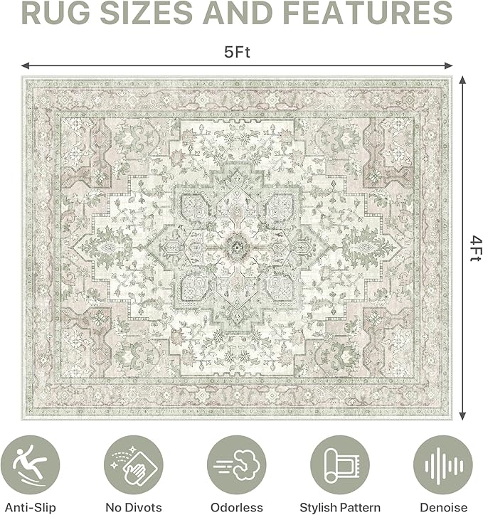 48"x60" Office Chair Mat for Hardwood Tile Floor, Under Desk Carpet Protector for Rolling Computer Chair Mat, Machine Washable Area Rug, Anti-Slip 1/5" Thick Low Pile Thin Vinyl Floor Mat, Mint