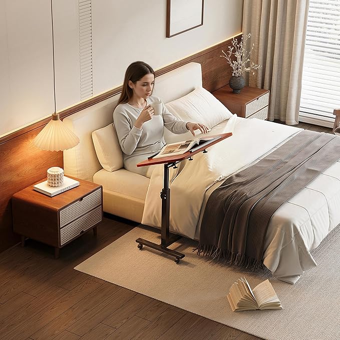 Laptop Table Mobile Adjustable Height Portable Desk Notebook Swivel PC Computer Rolling Desk with Wheels, Laptop Stand for Couch Bedside Hospital Bed Table (Dark Walnut)