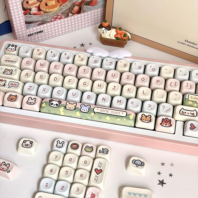 COOMICKE 114 Keys Pink Keycaps - Dye-Sublimation PBT Custom Keycap Set for MOA Profile, Cute Anime Customized Pattern Keycaps for MX Switches Mechanical Gaming Keyboard