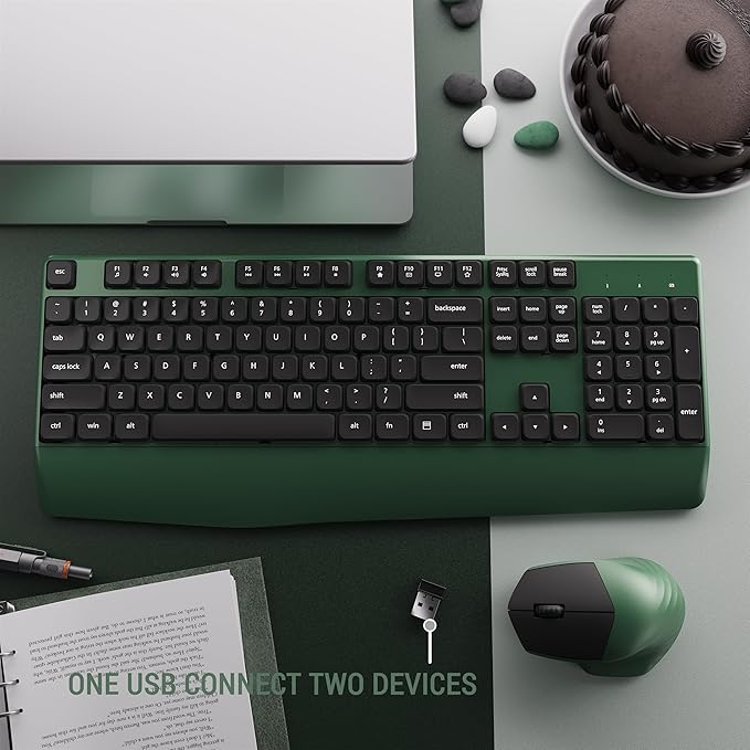 Ergonomic Keyboard and Mouse Combo with Wrist Rest, BK Chipset, Full-Size Colorful Office Keyboard and Mouse, Power Button, USB Receiver for PC Laptop(Dark-Green Black)