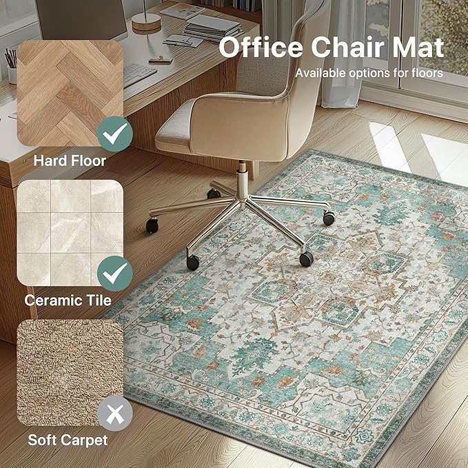 48"x60" Office Chair Mat for Hardwood Tile Floor, Under Desk Carpet Protector for Rolling Computer Chair Mat, Machine Washable Area Rug, Anti-Slip 1/5" Thick Low Pile Thin Vinyl Floor Mat, Cyan