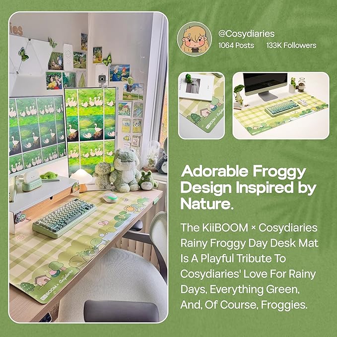 KiiBOOM X Cosydiaries Rainy Froggy Day Desk Mat, Non-Slip, 35.4’’ x 15.7’’, Large Gaming & Office Mouse Pad for Keyboard/Mouse/Laptop, PU Leather, Durable & Waterproof