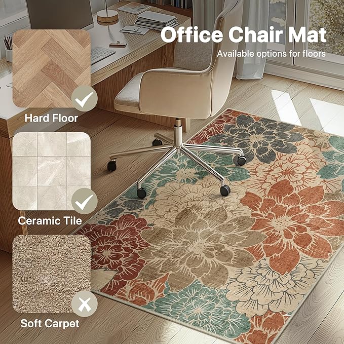 48"x60" Office Chair Mat for Hardwood Tile Floor, Under Desk Carpet Protector for Rolling Computer Chair Mat, Machine Washable Area Rug, Anti-Slip 1/5" Thick Low Pile Thin Vinyl Floor Mat, Terracotta