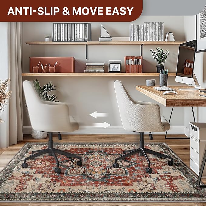 48"x48" Office Chair Mat for Hardwood Tile Floor, Under Desk Carpet Protector for Rolling Computer Chair Mat, Machine Washable Round Area Rug, Anti-Slip 1/5" Thick Low Pile Thin Floor Mat, Annatto