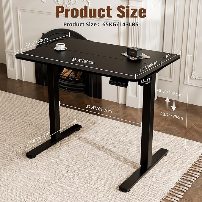 ERGOMAKER 35" Electric Standing Desk, Height Adjustable, Sit Stand Up Desk for Home Office & Computer Workstations, Memory Controller, Black