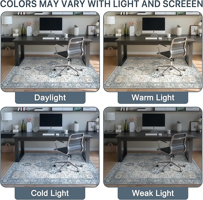 48"x48" Office Chair Mat for Hardwood Tile Floor, Under Desk Carpet Protector for Rolling Computer Chair Mat, Machine Washable Round Area Rug, Anti-Slip 1/5" Thick Low Pile Thin Floor Mat, Blue