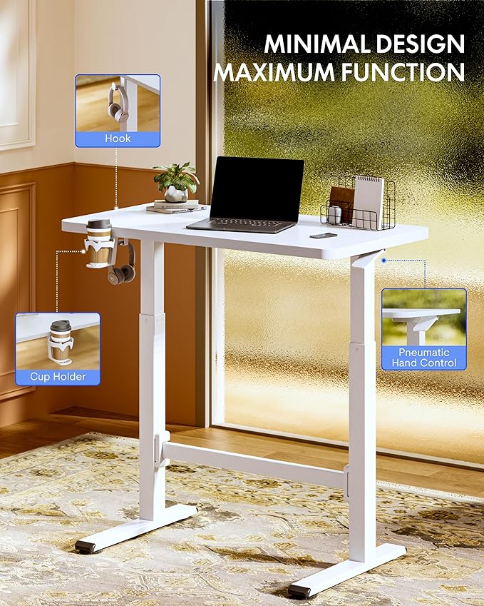 FLEXISPOT H7 Plus Gas Spring Adjustable Standing Desk, Mobile Rolling Sit-Stand Table with Wheels, Cordless Stand Up Desk for Small Spaces & Home Office, 48" One-Piece Desktop White，Height 27.6"–45"