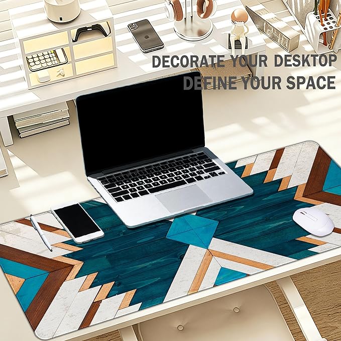 Western Mouse Pad, Western Desk Accessories, Blue Green Aztec Rug Desk Mat Retro Southwest Gaming Large Mouse Pad for Desk Vintage Computer Gifts for Cowboy Cowgirl Western Office Decor 31.5x11.8