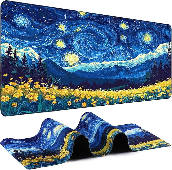 Mouse Pad Gaming - Desk Mat for Keyboard and Mouse - Van Gogh Starry Night Large Mouse Pads for Desk, Desks Pad Mat(35.4" X 15.7") with Non-Slip Base, Gaming Mousepad for Game, Office and Home