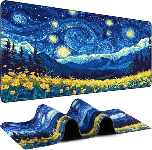 Mouse Pad Gaming - Desk Mat for Keyboard and Mouse - Van Gogh Starry Night Large Mouse Pads for Desk, Desks Pad Mat(35.4" X 15.7") with Non-Slip Base, Gaming Mousepad for Game, Office and Home