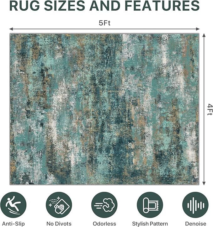 48"x60" Office Chair Mat for Hardwood Tile Floor, Under Desk Carpet Protector for Rolling Computer Chair Mat, Machine Washable Area Rug, Anti-Slip 1/5" Thick Low Pile Thin Vinyl Floor Mat, Teal Blue
