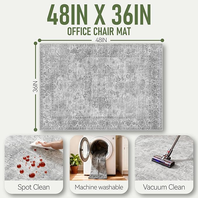 Office Chair Mat for Hardwood Floor, 36"x48" Desk Chair Mat for Home Office, Non-Slip Desk Rug, Under Desk Mat for Rolling Chair,Washable Rugs for Gaming Chairs-Light Grey