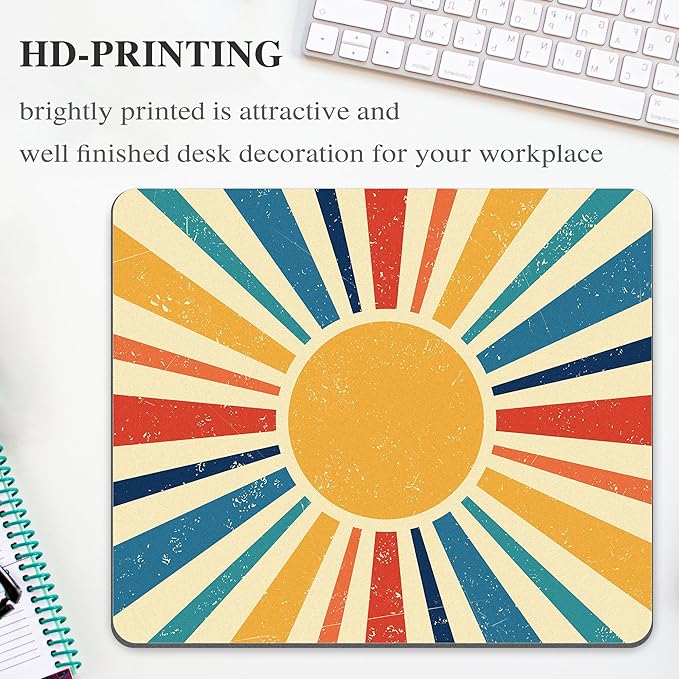 Retro Sun Mouse Pad Desk Mousepad Yellow Blue Rainbow Abstract Boho Vintage Aesthetic Square Computer Cute Washable Small Mat Non-Slip Rubber Gaming Office Laptop Wireless Travel Accessories