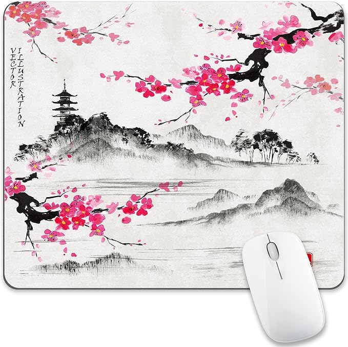 Cherry Blossom Mouse Pad Sakura Japanese Gray Mousepad Desk Grey Pink White Flower Floral Tree Japan Vintage Watercolor Aesthetic Landscape Scenery Computer Gaming Square Art Mat Accessories Travel