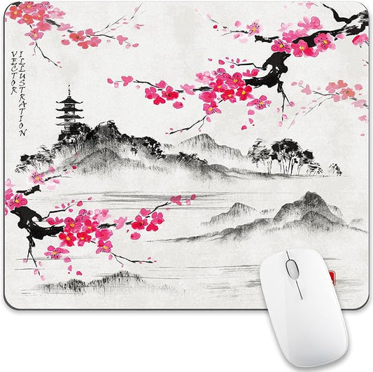 Cherry Blossom Mouse Pad Sakura Japanese Gray Mousepad Desk Grey Pink White Flower Floral Tree Japan Vintage Watercolor Aesthetic Landscape Scenery Computer Gaming Square Art Mat Accessories Travel