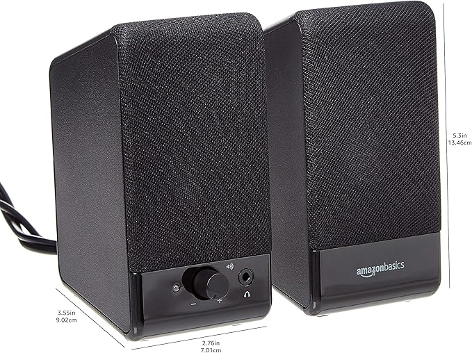 Amazon Basics USB-Powered Computer Speakers with Volume Control for Desktop or Laptop PC, Compact Size, Headphone Jack, Portable, Plug-N-Play, Black
