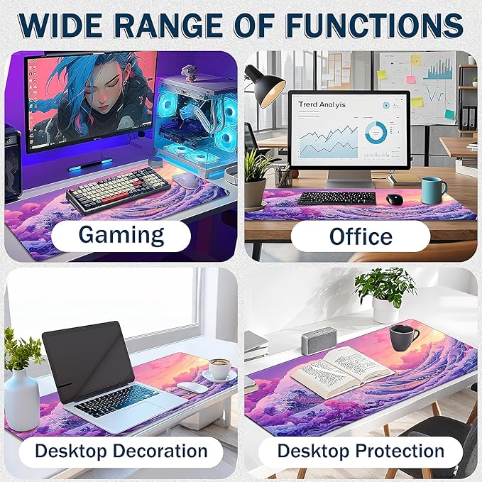 Mouse Pad Gaming - Desk Mat for Keyboard and Mouse - Japanese Sea Wave Large Mouse Pads for Desk, Desks Pad(35.4" X 15.7") with Non-Slip Base, Kanagawa Gaming Mousepad for Game, Office and Home
