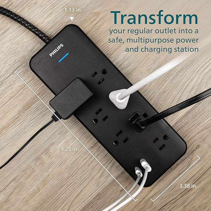 Philips 7-Outlet Adapter Spaced Surge Protector, 4ft Braided Cord, Power Strip with USB Charging, for Home School and Office, 1USB-A, 1USB-C, 1500J, Black, SPP9643B/37