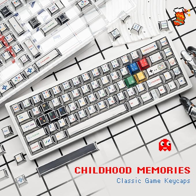 Retro Anime PBT Keycaps-Cherry Keycaps, Custom Keyboard Key caps 60 65 75 100 Percent, 5 Side Dye Sublimation 141 Keys Set for Cherry Gateron MX Switches Keyboards, White (Classic Game Theme)