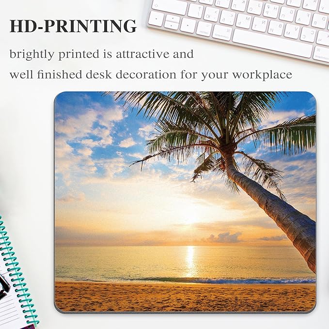 Summer Tropical Beach Mouse Pad Ocean Gold Sunrise Square Laptop Mousepad Custom Desk Aesthetic Computer Gaming Office Small Cute Palm Tree Portable Non-Slip Wireless Mat Washable Decor Accessories