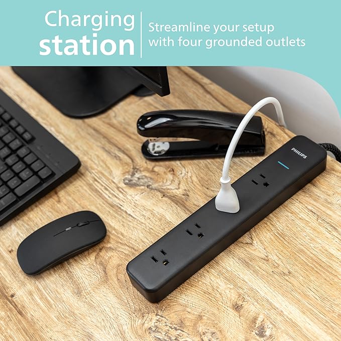 PHILIPS 4-Outlet Surge Protector Power Strip, 450J, Adapter-Spaced, 4ft Braided Cord, Outlet Extender, Extension Cord, for Home School or Office, Black, SPP3503B/37