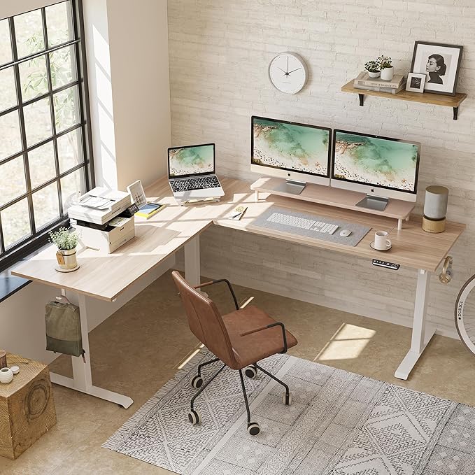 FEZIBO Triple Motor L-Shaped Electric Standing Desk, Height Adjustable Stand up Corner Desk, 63 Inches Sit Stand Workstation with Splice Board, White Frame/Light Walnut Top