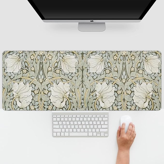 Green Boho Mouse Pad Large, Vintage Flroal Desk Mat, Abstract Flroal Large Gaming Mouse Matts Aesthetic, Green Desk Accessorie Boho Office Decor for Women Girls 31.5x11.8 in