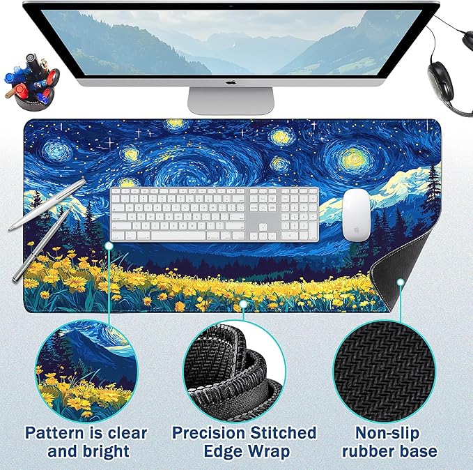 Mouse Pad Gaming - Desk Mat for Keyboard and Mouse - Van Gogh Starry Night Large Mouse Pads for Desk, Desks Pad Mat(35.4" X 15.7") with Non-Slip Base, Gaming Mousepad for Game, Office and Home