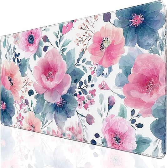 Desk Cover Mat, Floral Large Mouse Pad, Computer Laptop Mat Desk Decor for Women Girls 31.5 X 15.7 Inch (Watercolor Pink Flowers)