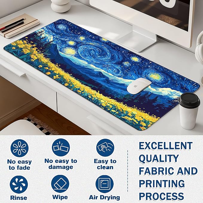 Mouse Pad Gaming - Desk Mat for Keyboard and Mouse - Van Gogh Starry Night Large Mouse Pads for Desk, Desks Pad Mat(35.4" X 15.7") with Non-Slip Base, Gaming Mousepad for Game, Office and Home