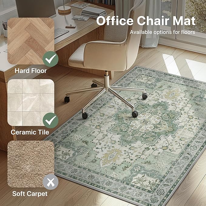 30"x48" Office Chair Mat for Hardwood Tile Floor, Under Desk Carpet Protector for Rolling Computer Chair Mat, Machine Washable Area Rug, Anti-Slip 1/5" Thick Low Pile Thin Vinyl Floor Mat, Green
