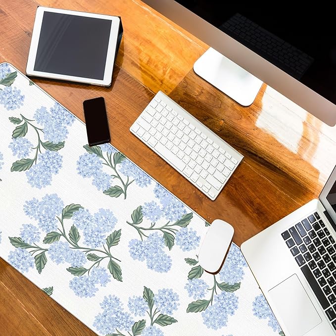 Blue Desk Mat, Hydrangea Mouse Pad Flroal Desk Matt for Desktop, Blue and White Extra Long Desks Mat Aesthetic Hydrangea Gifts Office Accessories for Women 31.5x11.8