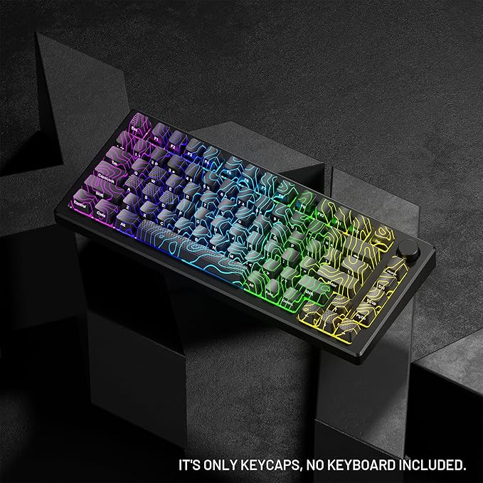 HITIME XVX Shine Through Keycaps w/IMD Tech, Custom Topographic Keycaps 60 75 100 Percent, Black Key Cap Set Lines Backlit, OEM Profile Side Printed for Keyboards