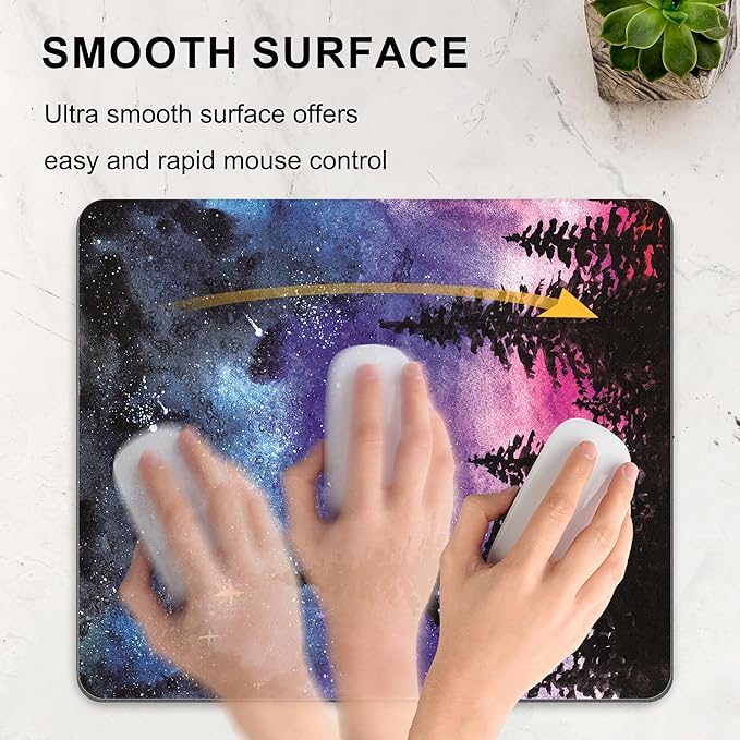 Forest Tree Mouse Pad Cute, Purple Starry Sky Night Vintage Watercolor Mountain Plant Mousepad Vertical Aesthetic Nature Scenery Office Small Desk Pad Non-Slip Mouse Mat Washable Desk Decor Accessory