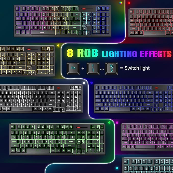 Wireless Keyboard and Mouse RGB Backlit Combo, MOOJAY Rechargeable 2.4G Light Up Cordless Gaming Keyboard with Ergonomic Wireless Wired Dual Mode Mice Set, for PC/Laptop/Windows/Mac - Black