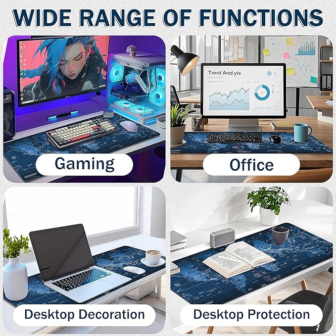 Mouse Pad Gaming - Desk Mat for Keyboard and Mouse - Black World Map Large Mouse Pads for Desk, Gaming Mousepad with Non-Slip Base, Desks Pad (35.4" X 15.7") for Game, Office and Home