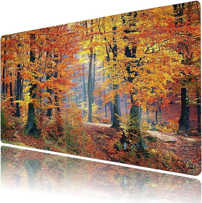 HVEST Fall Forest Gaming Mouse Pad, Autumn Nature Landscape Desk Mat XL, Orange Large Keyboard and Mouse Pad with Non-Slip Rubber Base and Stitched Edge for Game, Office, Home 31.5'' x 15.7''