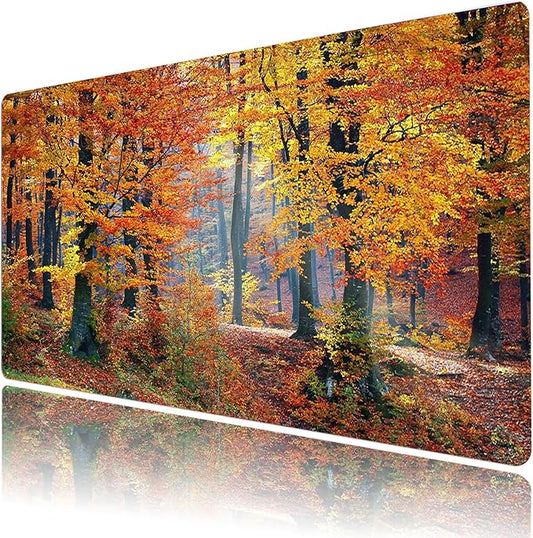 HVEST Fall Forest Gaming Mouse Pad, Autumn Nature Landscape Desk Mat XL, Orange Large Keyboard and Mouse Pad with Non-Slip Rubber Base and Stitched Edge for Game, Office, Home 31.5'' x 15.7''