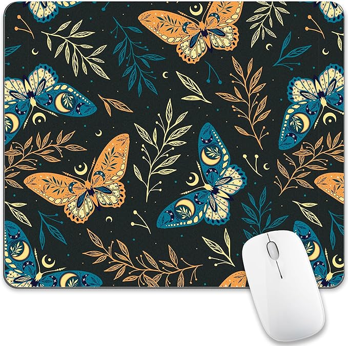 Bohemian Butterfly Mouse Pad Cute, Black Boho Moth Luna Moon Square Computer Mousepads Washable Nature Leaf Floral Mouse Mat Non-Slip Rubber Base for Gaming Office Laptop Wireless Mouse Desk Accessory