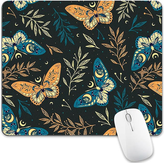 Bohemian Butterfly Mouse Pad Cute, Black Boho Moth Luna Moon Square Computer Mousepads Washable Nature Leaf Floral Mouse Mat Non-Slip Rubber Base for Gaming Office Laptop Wireless Mouse Desk Accessory