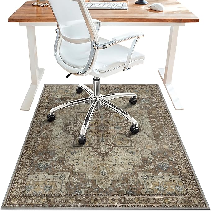 36"x60" Office Chair Mat for Hardwood Tile Floor, Under Desk Carpet Protector for Rolling Computer Chair Mat, Machine Washable Area Rug, Anti-Slip 1/5" Thick Low Pile Thin Vinyl Floor Mat, Brown