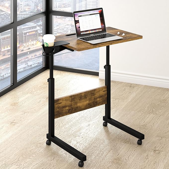 Klvied Standing Desk Adjustable Height, Stand Up Desk with Cup Holder, Portable and Easy to Move Bedside Table, Ideal for Home or Office, Walnut