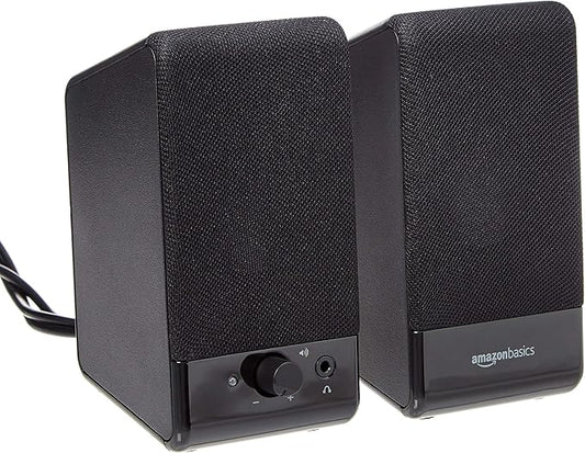 Amazon Basics USB-Powered Computer Speakers with Volume Control for Desktop or Laptop PC, Compact Size, Headphone Jack, Portable, Plug-N-Play, Black