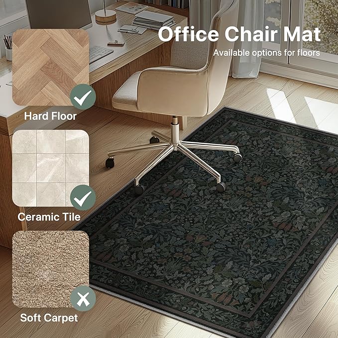 36"x48" Office Chair Mat for Hardwood Tile Floor, Under Desk Carpet Protector for Rolling Computer Chair Mat, Machine Washable Area Rug, Anti-Slip 1/5" Thick Low Pile Thin Vinyl Floor Mat, Dark Green