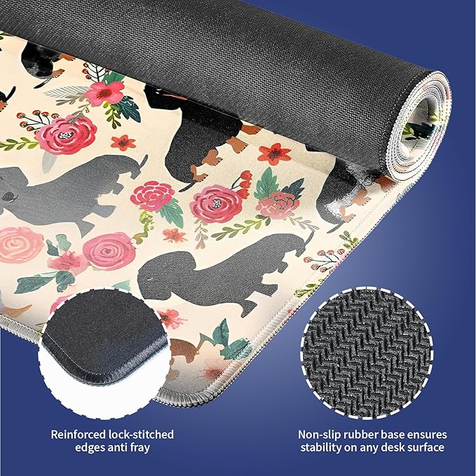 XXL Gaming Mouse Pad with Stitched Edges for PC Home & Office - Colorful Floral Dachshund Dogs Cute Puppies Pink Flowers Seamless Design, Smooth Fabric Surface Anti-Slip Base Large Desk Mat