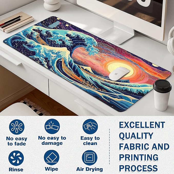 Mouse Pad Gaming - Desk Mat for Keyboard and Mouse - Japanese Sea Wave Large Mouse Pads for Desk, Desks Pad(35.4" X 15.7") with Non-Slip Base, Kanagawa Gaming Mousepad for Game, Office and Home