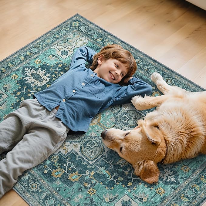36"x48" Office Chair Mat for Hardwood Tile Floor, Under Desk Carpet Protector for Rolling Computer Chair Mat, Machine Washable Area Rug, Anti-Slip 1/5" Thick Low Pile Thin Vinyl Floor Mat, Turquoise