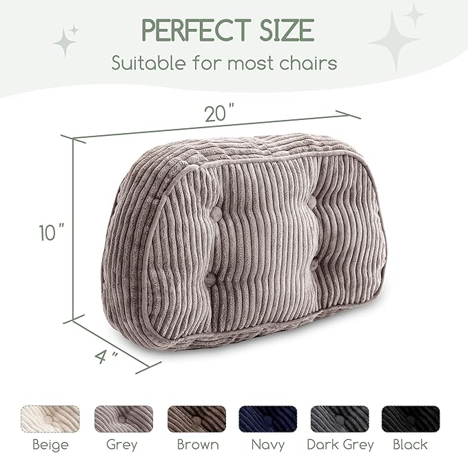 HIGOGOGO Lumbar Support Pillow for Recliner Chair/Accent Chair/Couch/Office Chair, Tufted Corduroy Back Support Cushion for Elderly, Recliner Cushions for Back Rest, Pain Relief, Reading, Grey