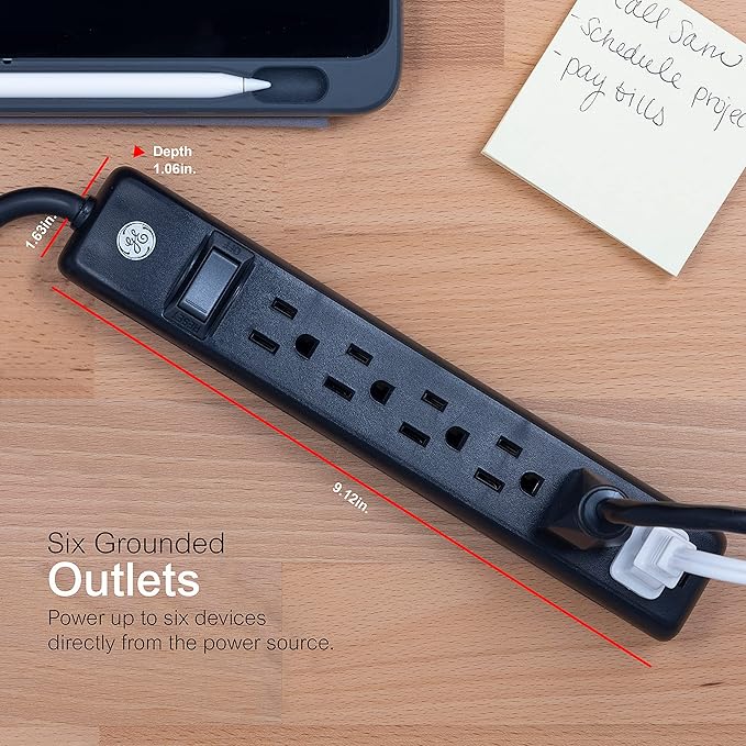 GE 6-Outlet Power Strip, 7 Ft Power Cord, Flat Plug, 3 Prong Outlet, UL Listed, Black