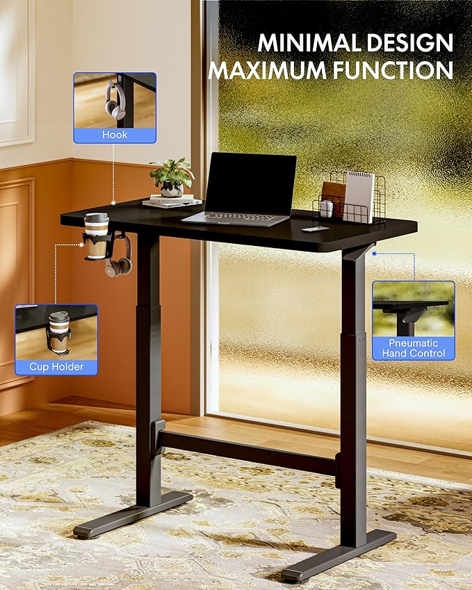 FLEXISPOT H7 Plus Gas Spring Adjustable Standing Desk, Mobile Rolling Sit-Stand Table with Wheels, Cordless Stand Up Desk for Small Spaces & Home Office, 40" One-Piece Desktop Black,Height 27.6"–45"